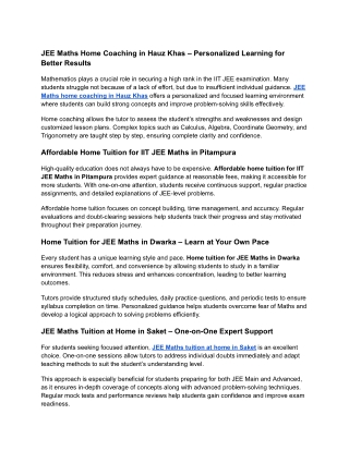 JEE Maths Home Coaching in Hauz Khas – Personalized Learning for Better Results