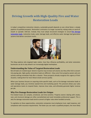 Driving Growth with High Quality Fire and Water Restoration Leads
