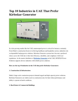 Top 10 Industries in UAE That Prefer Kirloskar Generator