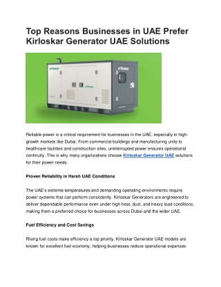Top Reasons Businesses in UAE Prefer Kirloskar Generator UAE Solutions