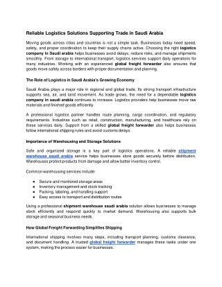 Reliable Logistics Solutions Supporting Trade in Saudi Arabia