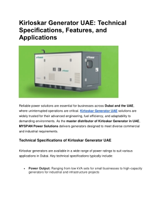 Kirloskar Generator UAE: Technical Specifications, Features, and Applications