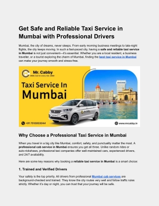Get Safe and Reliable Taxi Service in Mumbai with Professional Drivers