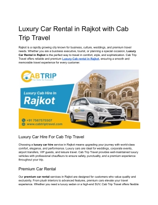 Luxury Car Rental in Rajkot with Cab Trip Travel