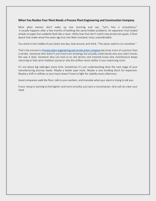When You Realise Your Plant Needs a Process Plant Engineering and Construction Company