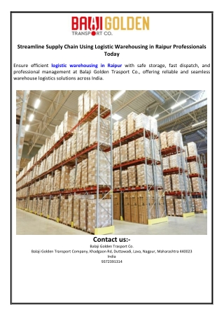 Streamline Supply Chain Using Logistic Warehousing in Raipur Professionals Today