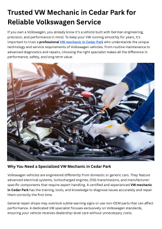 Trusted VW Mechanic in Cedar Park for Reliable Volkswagen Service