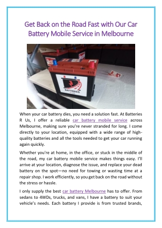 Get Back on the Road Fast with Our Car Battery Mobile Service in Melbourne