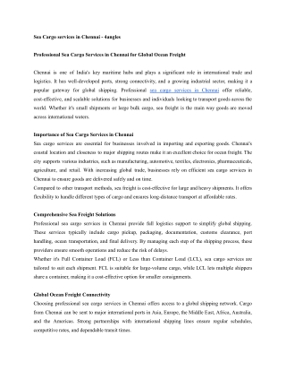 Professional Sea Cargo Services in Chennai for Global Ocean Freight