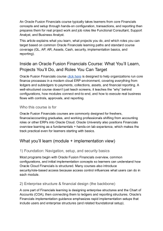 Inside an Oracle Fusion Financials CourseWhat You’ll Learn, Projects You’ll Do, and Roles You Can Target