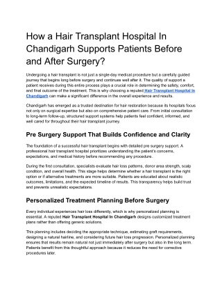 How a Hair Transplant Hospital In Chandigarh Supports Patients Before and After Surgery