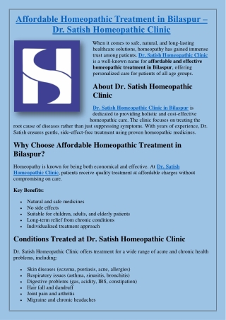 Affordable Homeopathic Treatment in Bilaspur – Dr. Satish Homeopathic Clinic