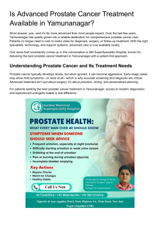 Is Advanced Prostate Cancer Treatment Available in Yamunanagar?