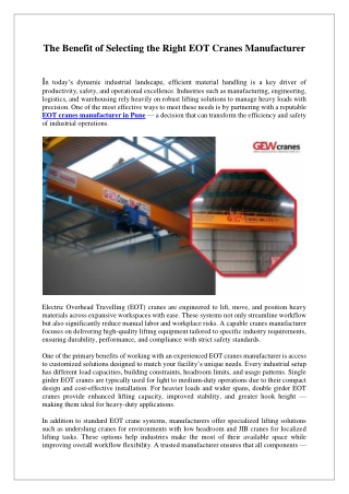The Benefit of Selecting the Right EOT Cranes Manufacturer