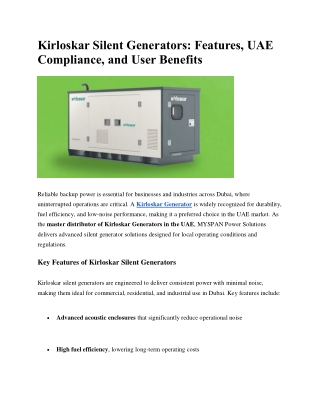 Kirloskar Silent Generators: Features, UAE Compliance, and User Benefits