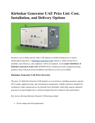 Kirloskar Generator UAE Price List: Cost, Installation, and Delivery Options