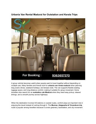 Urbania Van Rental Madurai for Outstation and Kerala Trips