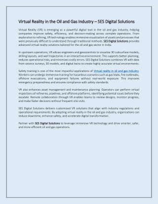 Virtual Reality in the Oil and Gas Industry – SES Digital Solutions
