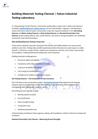 Building Materials Testing Chennai | Falcon Industrial Testing Laboratory
