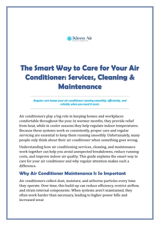 The Smart Way to Care for Your Air Conditioner: Services, Cleaning & Maintenance