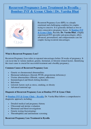 Recurrent Pregnancy Loss Treatment in Byculla – Bombay IVF & Gynac Clinic