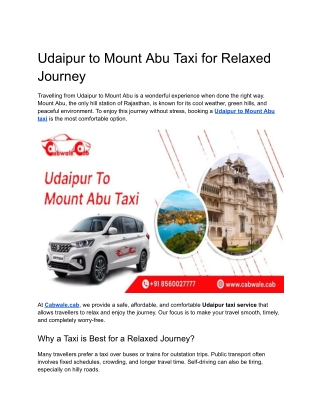 Udaipur to Mount Abu Taxi for Relaxed Journey