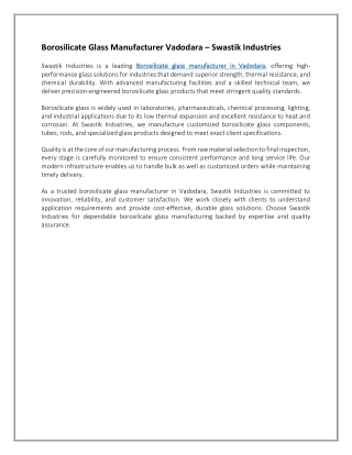 Borosilicate Glass Manufacturer Vadodara – Swastik Industries