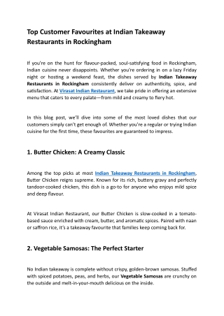 Top Customer Favourites at Indian Takeaway Restaurants in Rockingham