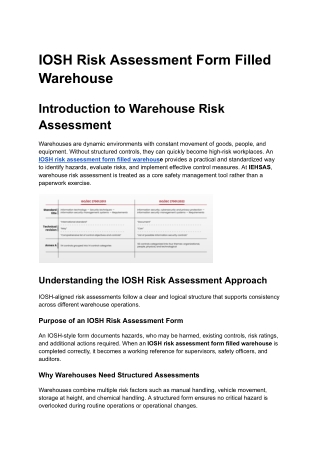 IOSH Risk Assessment Form Filled Warehouse