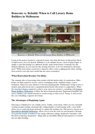 Renovate vs. Rebuild When to Call Luxury Home Builders in Melbourne