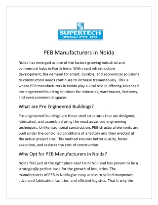 PEB Manufacturers in Noida