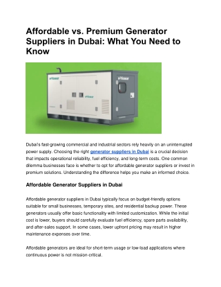 Affordable vs. Premium Generator Suppliers in Dubai: What You Need to Know