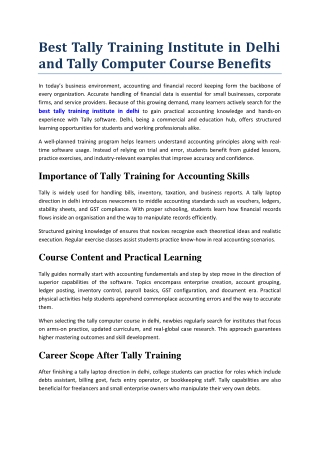 Best Tally Training Institute in Delhi and Tally Computer Course Benefits