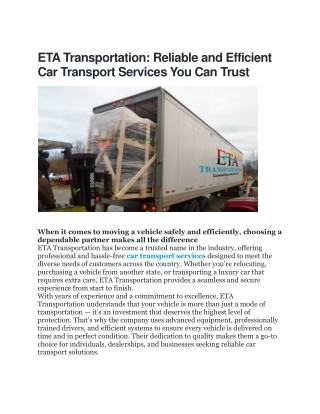 Reliable Car Transport Services by Eta Transportation – Safe & On-Time Delivery