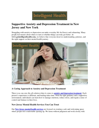 Supportive Anxiety and Depression Treatment in New Jersey and New York