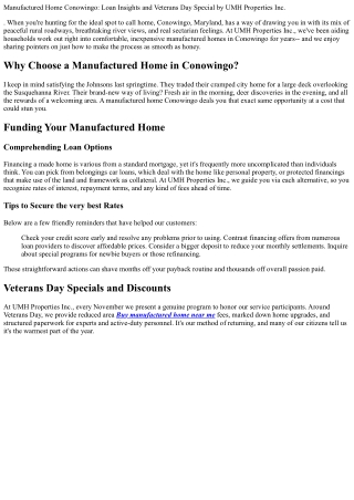 . Manufactured Home Conowingo: Loan Insights and Veterans Day Special by UMH Pro