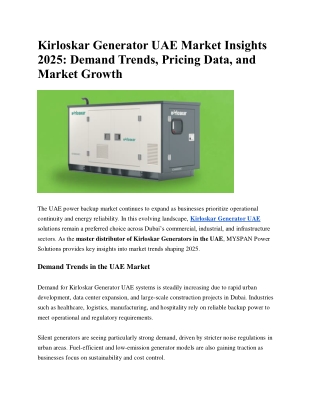 Kirloskar Generator UAE Market Insights 2025: Demand Trends, Pricing Data, and M