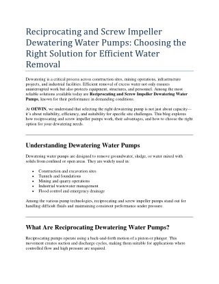 Reciprocating and Screw Impeller Dewatering Water Pumps for Reliable Site Draina
