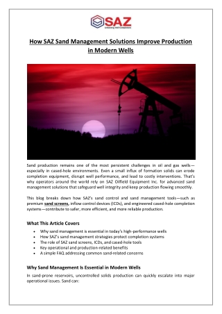 How SAZ Sand Management Solutions Improve Production in Modern Wells
