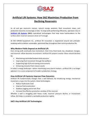 Artificial Lift Systems How SAZ Maximizes Production from Declining Reservoirs