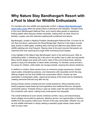 Why Nature Stay Bandhavgarh Resort with a Pool Is Ideal for Wildlife Enthusiasts