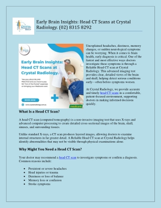 Early Brain Insights Head CT Scans at Crystal Radiology. (02) 8315 8292