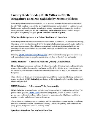 Luxury Redefined_ 4 BHK Villas in North Bengaluru at MIMS Oakdale by Mims Builders