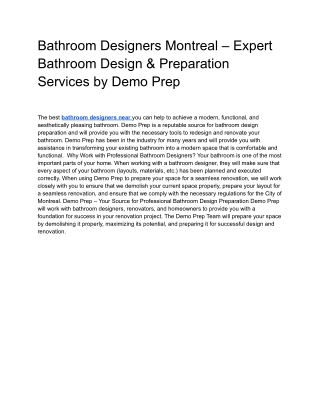 Bathroom Designers Montreal – Expert Bathroom Design & Preparation Services by Demo Prep