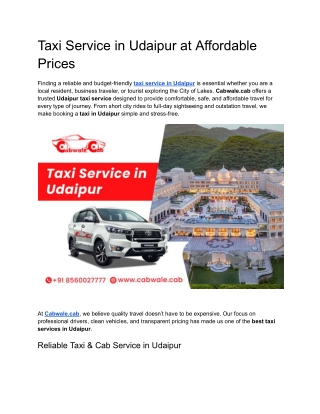 Taxi Service in Udaipur at Affordable Prices