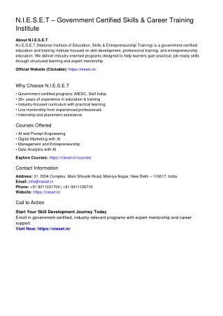 N.I.E.S.E.T – Govt. Certified Skills & Career Training Institute in India