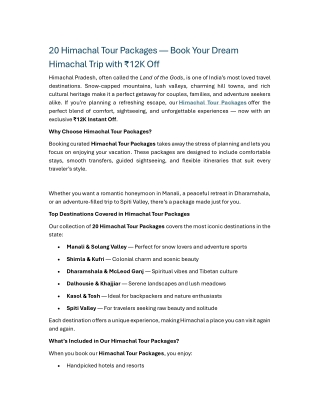 20 Himachal Tour Packages — Book Your Dream Himachal Trip with ₹12K Off