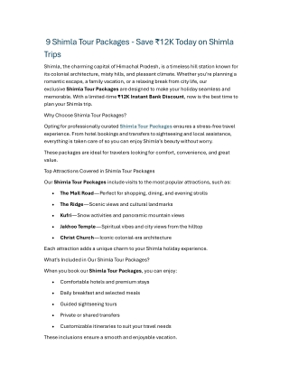 9 Shimla Tour Packages - Save ₹12K Today on Shimla Trips