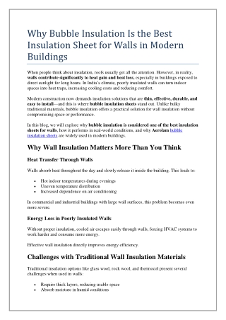 Why Bubble Insulation Is the Best Insulation Sheet for Walls in Modern Buildings
