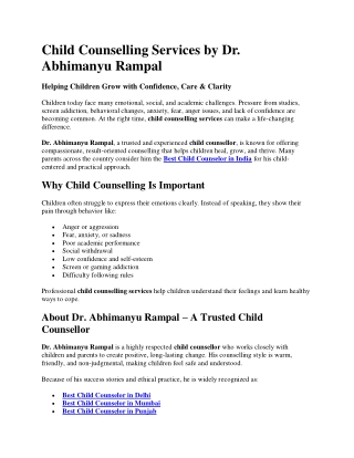 Child Counselling Services by Dr Abhimanyu Rampal